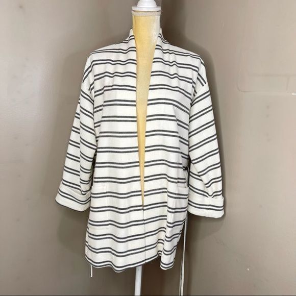 Bathrobe Sz L Waffle White & Black Stripes tie - Picture 2 of 12